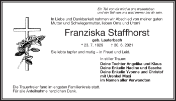 Traueranzeige von Franziska Staffhorst von Frankenpost