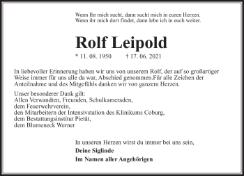 Traueranzeige von Rolf Leipold von Südthüringer Presse