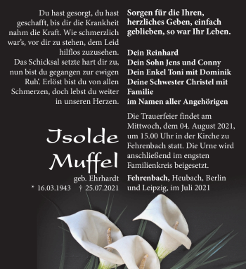 Traueranzeige von Isolde Muffel von Südthüringer Presse
