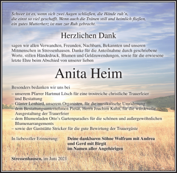Traueranzeige von Anita Heim von Südthüringer Presse