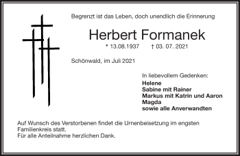 Traueranzeige von Herbert Formanek von Frankenpost