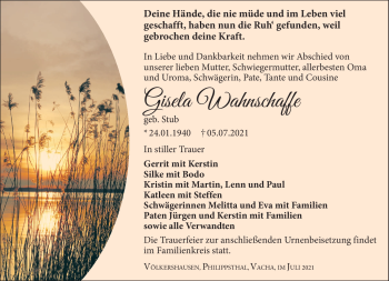 Traueranzeige von Gisela Wahnschaffe von Südthüringer Presse