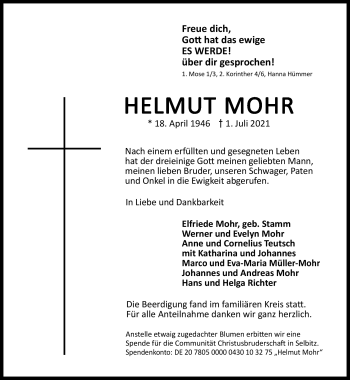 Traueranzeige von Helmut Mohr von Frankenpost