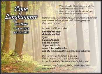 Traueranzeige von Anna Langhammer von Südthüringer Presse