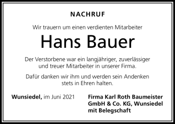 Traueranzeige von Hans Bauer von Frankenpost