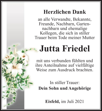 Traueranzeige von Jutta Friedel von Südthüringer Presse