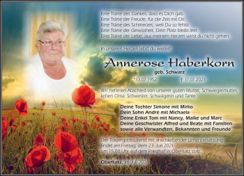 Traueranzeige von Annerose Haberkorn von Südthüringer Presse