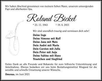 Traueranzeige von Roland Bickel von Südthüringer Presse