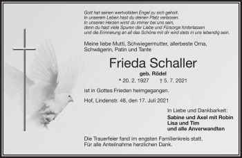 Traueranzeige von Frieda Schaller von Frankenpost