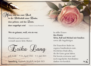Traueranzeige von Erika Lang von Südthüringer Presse