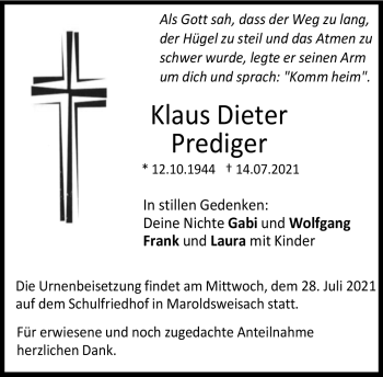 Traueranzeige von Klaus Dieter Prediger von Neue Presse Coburg