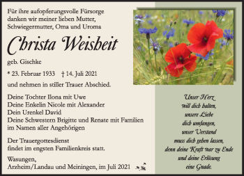 Traueranzeige von Christa Weisheit von Südthüringer Presse