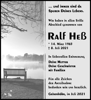 Traueranzeige von Ralf Heß von Südthüringer Presse