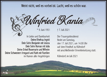 Traueranzeige von Winfried Kania von Südthüringer Presse
