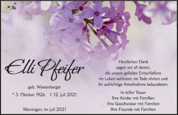 Traueranzeige von Elli Pfeifer von Südthüringer Presse