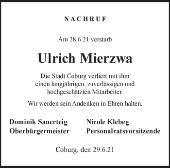 Traueranzeige von Ulrich Mierzwa von Neue Presse Coburg