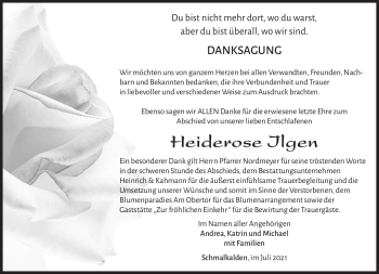 Traueranzeige von Heiderose Ilgen von Südthüringer Presse