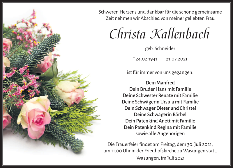  Traueranzeige für Christa Kallenbach vom 28.07.2021 aus Südthüringer Presse