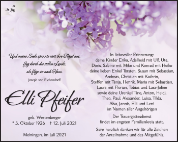 Traueranzeige von Elli Pfeiffer von Südthüringer Presse