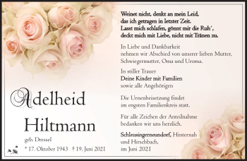 Traueranzeige von Adelheid Hiltmann von Südthüringer Presse