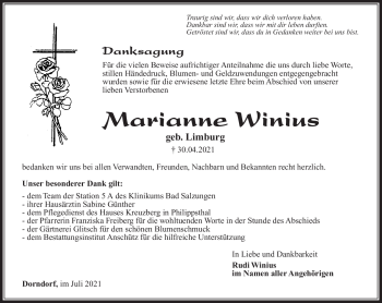 Traueranzeige von Marianne Winius von Südthüringer Presse