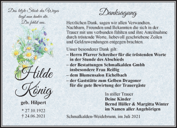 Traueranzeige von Hilde König von Südthüringer Presse