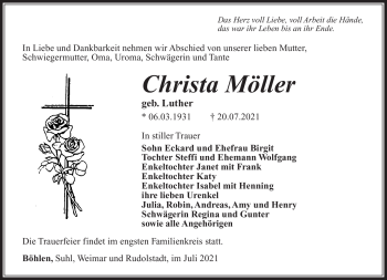 Traueranzeige von Christa Möller von Südthüringer Presse