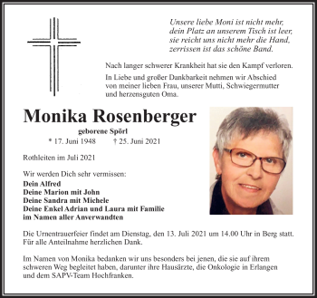 Traueranzeige von Monika Rosenberger von Frankenpost