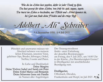 Traueranzeige von Adelbert Schreiber von Südthüringer Presse