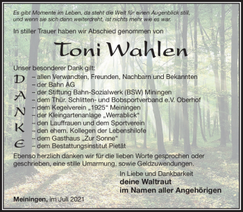 Traueranzeige von Toni Wahlen von Südthüringer Presse