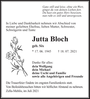 Traueranzeige von Jutta Bloch von Südthüringer Presse