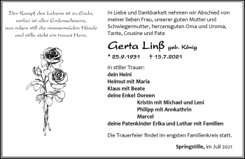 Traueranzeige von Gerta Linß von Südthüringer Presse