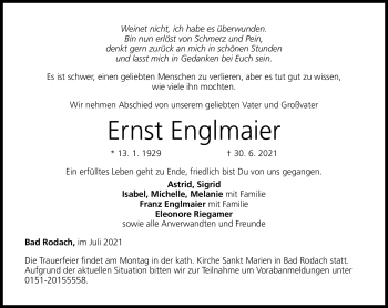 Traueranzeige von Ernst Englmaier von Neue Presse Coburg