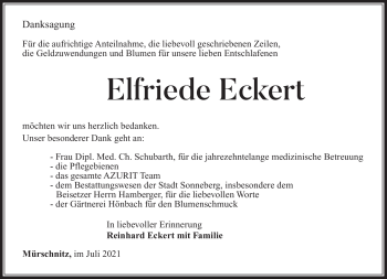 Traueranzeige von Elfriede Eckert von Südthüringer Presse
