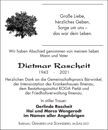 Traueranzeige von Dietmar Rascheit von Südthüringer Presse