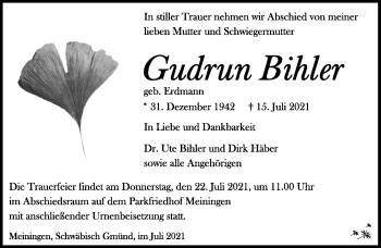 Traueranzeige von Gudrun Bihler von Südthüringer Presse