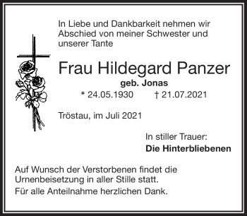 Traueranzeige von Hildegard Panzer von Frankenpost