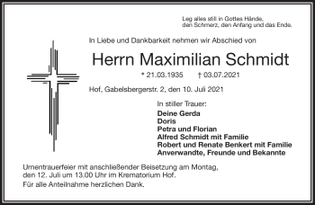 Traueranzeige von Maximilian Schmidt von Frankenpost