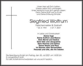 Traueranzeige von Siegfried Wolfrum von Frankenpost