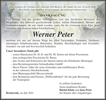 Traueranzeige von Werner Peter von Südthüringer Presse