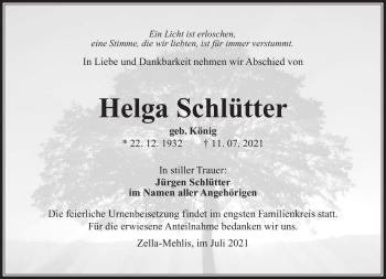 Traueranzeige von Helga Schlütter von Südthüringer Presse