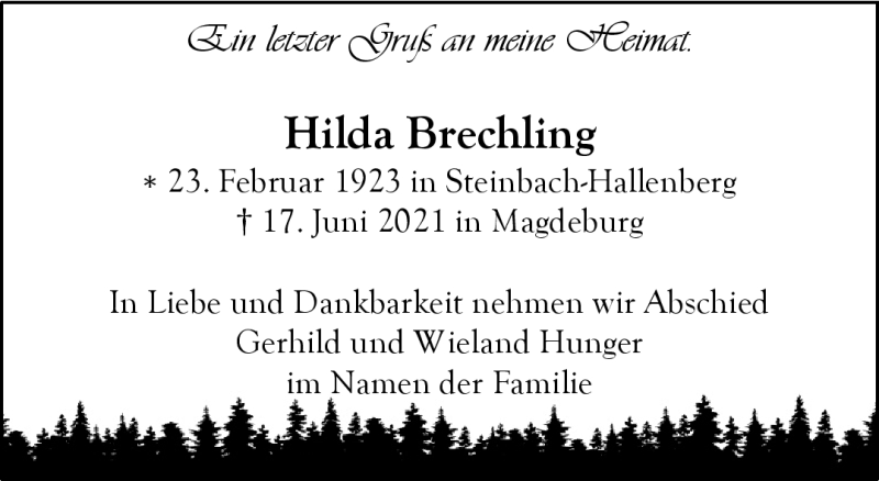  Traueranzeige für Hilda Brechling vom 17.07.2021 aus Südthüringer Presse