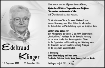 Traueranzeige von Edeltraud Klinger von Südthüringer Presse