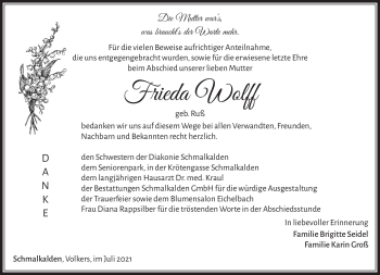 Traueranzeige von Frieda Wolff von Südthüringer Presse