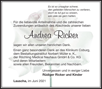 Traueranzeige von Andrea Ricker von Südthüringer Presse