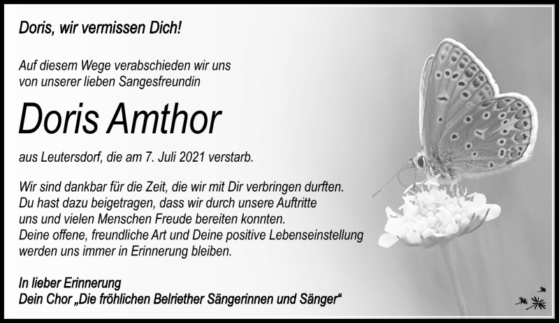  Traueranzeige für Doris Amthor vom 24.07.2021 aus Südthüringer Presse