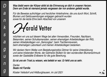 Traueranzeige von Harald Vetter von Südthüringer Presse