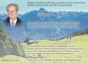 Traueranzeige von Armin Popp von Südthüringer Presse