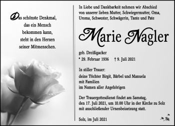 Traueranzeige von Marie Nagler von Südthüringer Presse