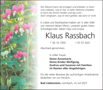 Traueranzeige von Klaus Rassbach von Südthüringer Presse